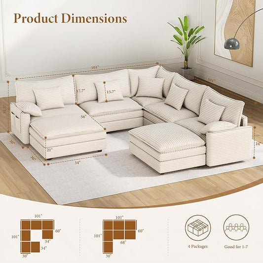 Vesgantti 108" V-Shaped Corner Couch Sectional, 7 Seat Customizable Modular Cloud Couches with Movable Ottoman, Corduroy Deep Seat Sofa Set with Chaise for Living Room, Bedroom and Apartment, Beige