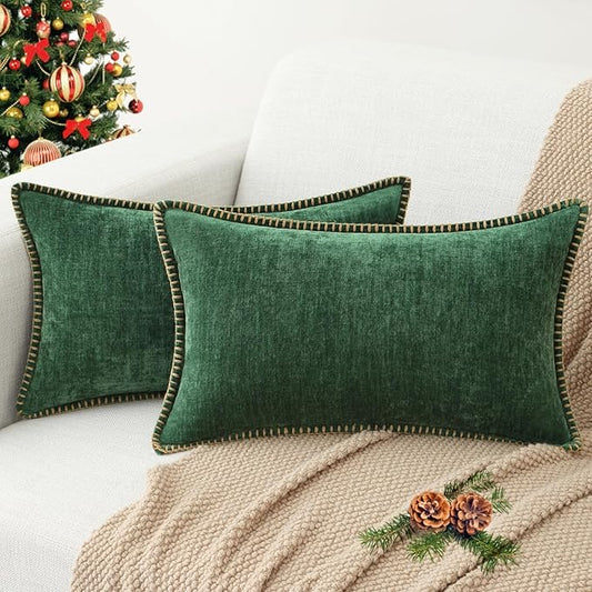 decorUhome Christmas Chenille Soft Throw Pillow Covers 12x20 Set of 2, Lumbar Velvet Farmhouse Neutral Decorative Euro Pillow Covers with Stitched Edge for Couch Sofa Bed Home Decor, Green