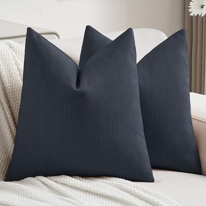 FUTEI Navy Blue Chenille Decorative Throw Pillow Covers 24x24 Inch Set of 2,Soft Cozy Striped Geometric Patterns European Cushion Cases,Modern Home Decor for Couch Bed Living Room