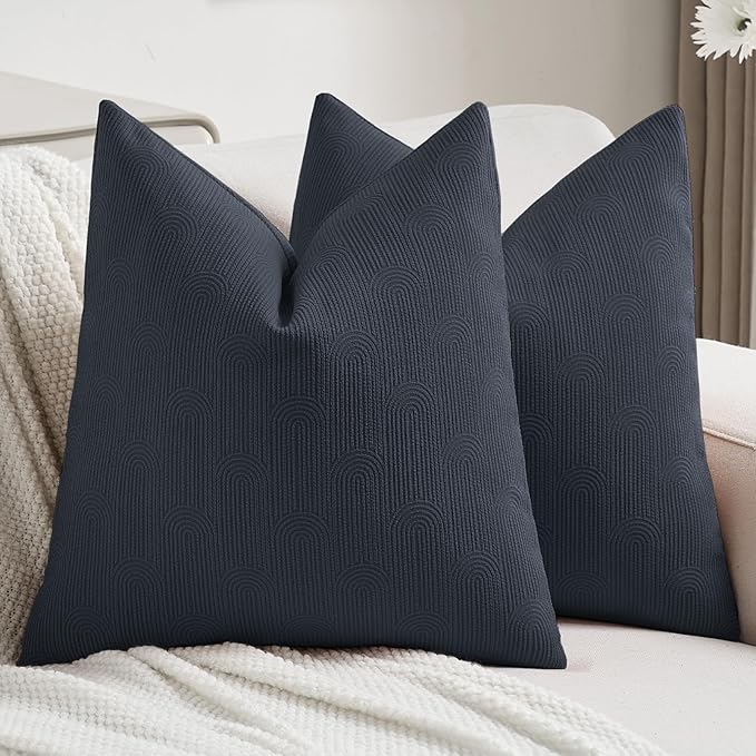 FUTEI Navy Blue Chenille Decorative Throw Pillow Covers 18x18 Inch Set of 2,Soft Cozy Striped Geometric Patterns Cushion Cases,Modern Home Decor for Couch Bed Living Room