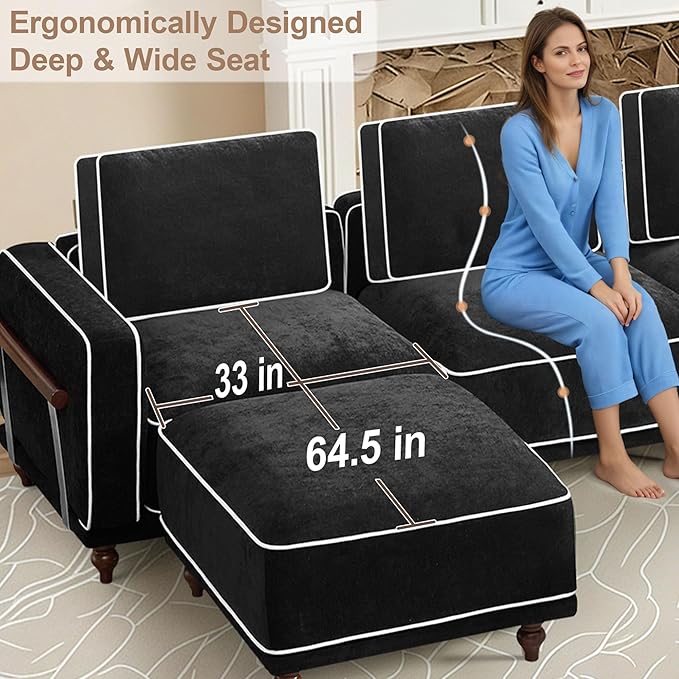 146" 4 Seater Cloud Couch with 2 Ottoman,Modular Sectional U Shaped Sofa with Armrests Wooden Legs,Oversized Deep Seat Comfy Thicked Cushion Upholstered Sofa for Living Room Bedroom,Black