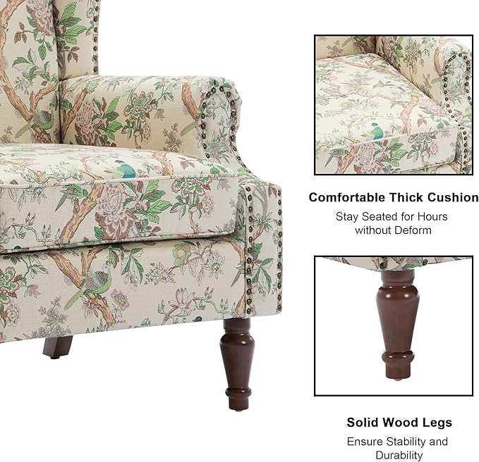 Accent Chair, Upholstered High Back Floral Armchair with Nailhead Trim & Wood Legs, Comfy Wingback Reading Single Sofa Chair