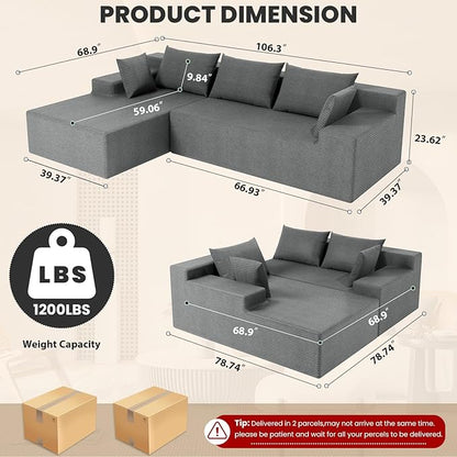 LEVELEVE 107" Cloud Sectional Couch with Deep Seat，Modern Modular Sofa with L-Shape Chaise，No Assembly Required, Upholstered Couches for Living Room Bedroom(Light Gery,Left Facing Chaise)