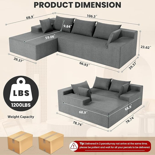 LEVELEVE 107" Cloud Sectional Couch with Deep Seat，Modern Modular Sofa with L-Shape Chaise，No Assembly Required, Upholstered Couches for Living Room Bedroom(Light Gery,Left Facing Chaise)