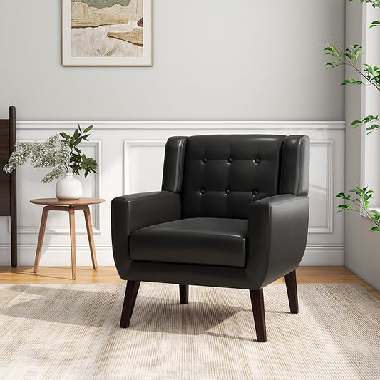 Accent Chair, Mid-Century Modern PU Leather Chairs with Arms for Living Room, Comfy Upholstered Club Single Sofa Armchair for Bedroom Waiting Room with Solid Wood Frame（Leather Black, Set of 1)