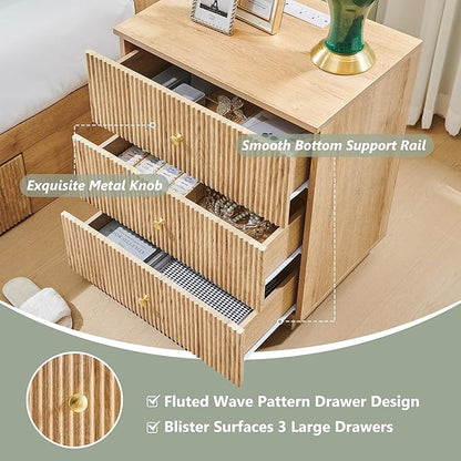 Fluted Night Stand with Charging Station, 21.65" Nightstand with Drawer, 3 Drawer Dresser for Bedroom, Morden End Table Bedside Table Chests of Drawers for Bedroom, Living Room, Natural