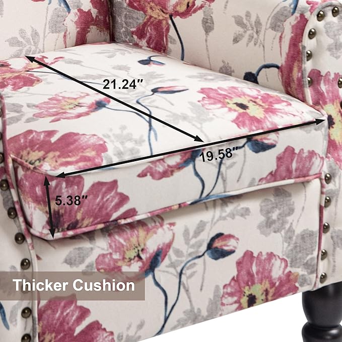 Accent Chair, Upholstered High Back Floral Armchair with Nailhead Trim & Wood Legs, Comfy Wingback Reading Single Sofa Chair for Small Spaces, Living Room, Bedroom (White Floral, Set of 2)