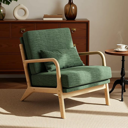 Claiks Mid-Century Modern Accent Chair, Living Room Armchair with Solid Wood Frame & Lumbar Pillow, Comfy Upholstered Lounge Chair for Bedroom, Office, Linen-Like Fabric, Green