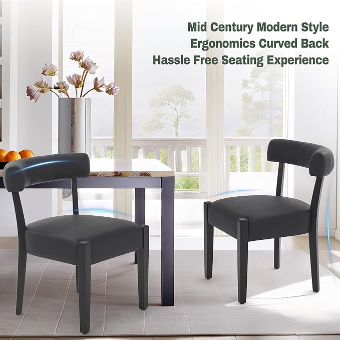 Modern Black Dining Chairs Set of 2, Faux Leather Upholstered Kitchen & Dining Room Chairs, Mid Century Modern Wooden Dining Chairs Oversized Sturdy Rounded Chairs Curved Back