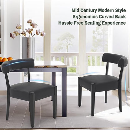 Modern Black Dining Chairs Set of 2, Faux Leather Upholstered Kitchen & Dining Room Chairs, Mid Century Modern Wooden Dining Chairs Oversized Sturdy Rounded Chairs Curved Back