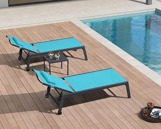 PURPLE LEAF Outdoor Oversized Lounge Chair Set of 3 Patio Chaise Pool Lounger Aluminum Frame with Side Table and Wheels for Outside Sunbathing Tanning Recliner Including Pillows Turquoise Blue