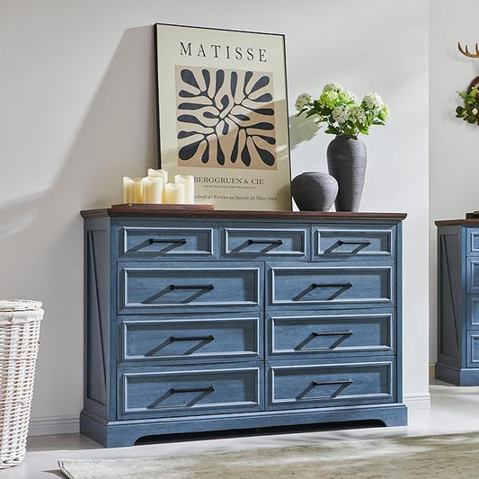 ACCOHOHO Farmhouse 9 Drawer Dresser for Bedroom, 36 Inch Tall Modern Dresser TV Stand with Large Drawers & Bar Handles, Rustic Wood Chest of Drawers for Bedroom, Living Room, Hallway, Blue