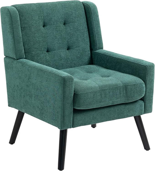 Mid-Century Modern Accent Chair, Plush Linen Fabric with Button Tufted High Back & 5" Thick Cushion, High Comfort Reading Chair for Living Room, Bedroom, Office (Green)