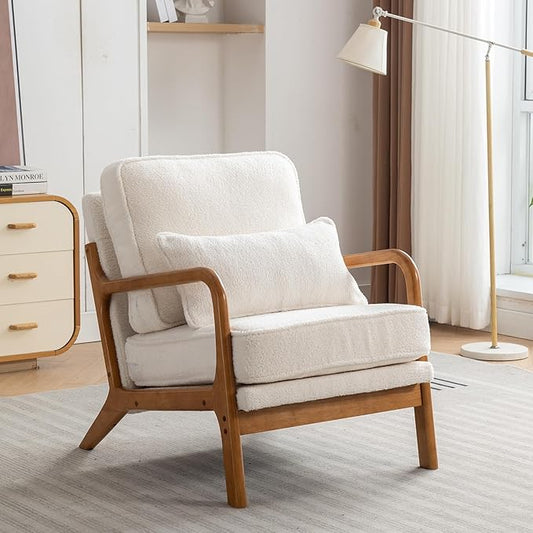 Mid-Century Accent Chair,Sherpa Fabric Lounge Chair with Wide Armrest,Sherpa Fabric Armchair with Lumbar Pillow & Solid Wood Frame for Living Room, Bedroom, Balcony(White)