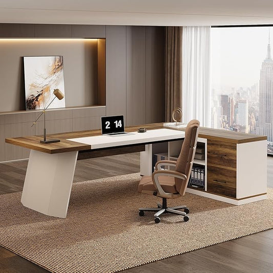 Tribesigns 78.7" L-Shaped Executive Desk, Modern Office Desk with 55.1" Storage Cabinet, Large Computer Table with Drawers and Shelves, Business Furniture Workstation for Home Office, Brown & White