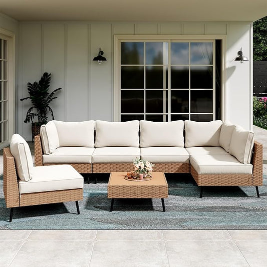 LAUSAINT HOME Outdoor Patio Furniture, 7 Piece Outdoor Sectional Sofa PE Rattan Wicker Patio Conversation Sets, All Weather Patio Furniture Set with Thick Cushions for Garden, Backyard(Beige)