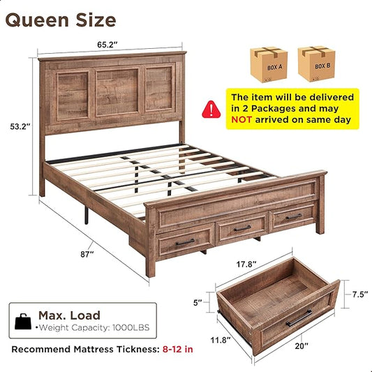 ACCOHOHO Farmhouse Queen Size Bed Frame with 52" Tall Headboard, Wood Platform Bedframe with Footboard and Storage Drawers, No Squeak, No Box Spring Needed, Light Brown