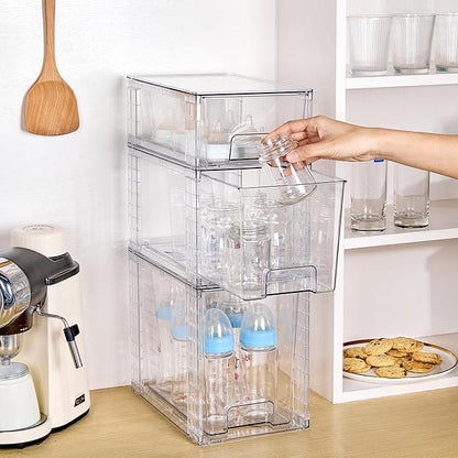 Vtopmart 6 Pack Clear Stackable Storage Drawers,Easy to Assemble Bathroom Organizers and Storage with handles,Plastic Drawers for Kitchen Pantry,Cabinet,Under Sink Organization