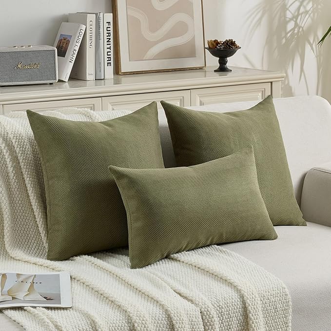 FUTEI Moss Green Chenille Throw Pillow Covers 16x16 Inch Set of 2,Soft Wide Chevron Textured Cushion Case,Farmhouse Home Decor for Couch Bed Living Room