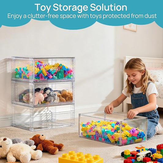 Vtopmart 4 Pack Large Clear Stackable Storage Drawers 27QT, Easily Assemble Plastic Closet Storage Bins, Dust-Proof UnderBed Organizer for Clothing, Sweater Organization