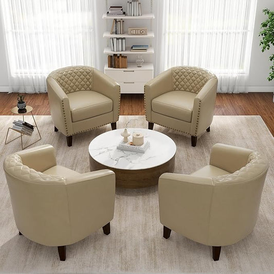 Pia Ricco Faux Leather Barrel Accent Chairs Set of 4, Modern Club Arm Chair Comfy Upholstered Single Sofa Chair with Solid Wood Legs and Nailhead Trim for Living Room/Reading Room, Beige