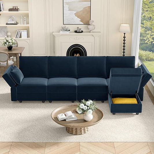 Vesgantti Sectional Couches with Storage Seats, 118" L Shaped Convertible Modular Sectional Sofa, 4 Seat & 1 Ottoman Velvet Storage Chaises Deep Seat Couch for Living Room, Bedroom, Apartment, Blue