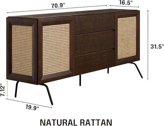 NTC MOSSIC Large Sideboard with 2 Doors and 3 Drawers, Buffet Cabinet with Natural Rattan and Metal Legs, Modern Storage Cabinet for Living Room, and Hallway, Effortless Assembly - Dark Walnut