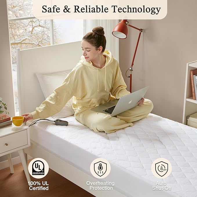 Beautyrest Cotton Heated Mattress Pad - Bed Warmer with 20 Heat Settings Controller, Auto Shut Off Timer, All Around Elastic Deep Pocket, UL Certified, Machine Washable, White Twin