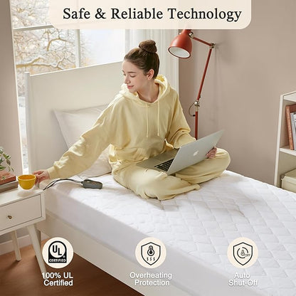 Beautyrest Cotton Heated Mattress Pad - Bed Warmer with 20 Heat Settings Controller, Auto Shut Off Timer, All Around Elastic Deep Pocket, UL Certified, Machine Washable, White Twin