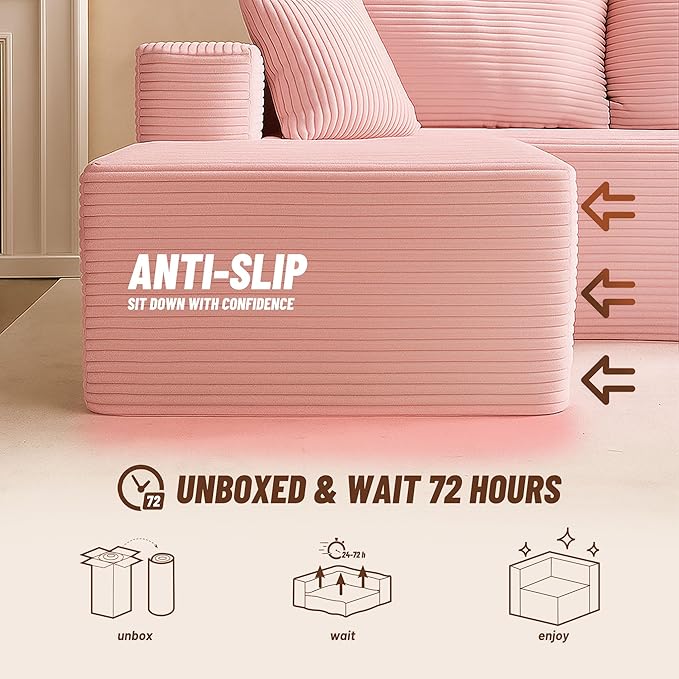 107" Boneless Couch with Deep Seat, Modular Sectional Sofa, Cloud Sectional Couch for Living Room, No Assembly Required, Corduroy, L-Shape Right，Pink