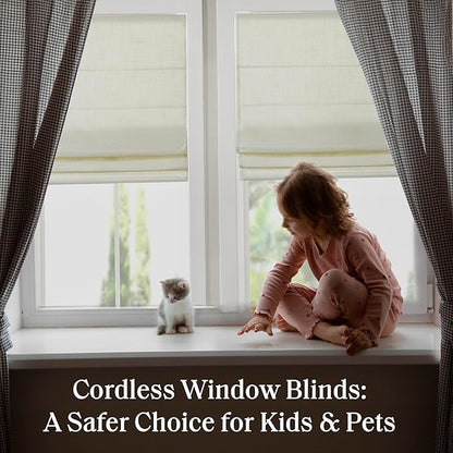 Madison Park Kyler Cordless Roman Shades - Single Panel, Lightweight Linen Blend Fabric, Natural Design, Easy Installation, Light Filtering Window Blind, Bedroom, Living Room Decor 27"W x 64"L Ivory