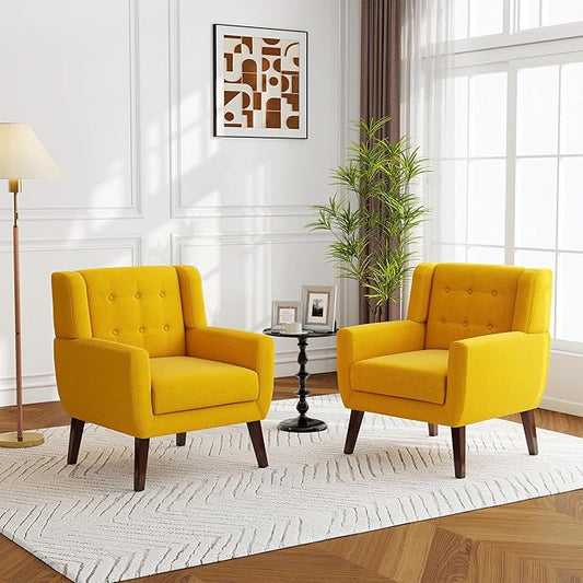 Accent Chairs Set of 2, Modern Fabric Armchairs for Living Room, Comfy Upholstered Arm Chairs Tufted for Indoor Bedroom Office Room (Yellow)