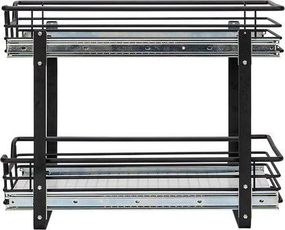 Household Essentials Glidez Multipurpose Paint-Finished Steel Pull-Out/Slide-Out Storage Organizer with Plastic Liners for Under Cabinet Use - 2-Tier Dual-Slide Design, Black