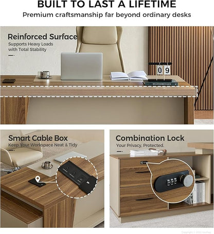 L-Shaped Executive Desk with Lockable Drawers – 79" Modern Large Executive Office Desk with LED, Lateral File Cabinet, Built-In Cable Box, Privacy Panel & Storage Shelves for Home or Business, Right