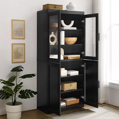 Crosley Furniture Essen Glass Door China Hutch Kitchen Pantry Storage Cabinet with Doors and Shelves, Black