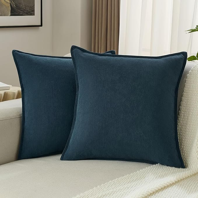FUTEI Navy Blue Chenille Throw Pillow Covers 20x20 Inch Set of 2,Edges Double-Stitched Cushion Cases,Modern Home Decor for Couch Living Room