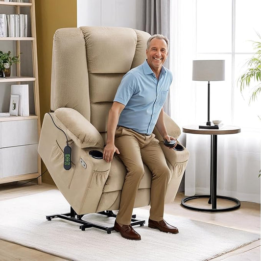 MCombo Large Power Lift Recliner Chair Sofa with Massage and Heat for Big and Tall Elderly People, 3 Positions, Cup Holders, and USB Ports, Fabric 7549 (Large, Beige)
