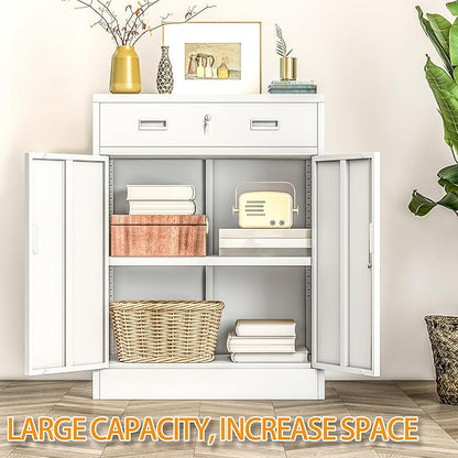 Metal Storage Cabinet with Drawer, 36" H White Locking Metal Cabinet, Adjustable Shelf File Cabinet Cabinet with Doors for Home Office, Garage, Warehouse, Laundry Room, Basement