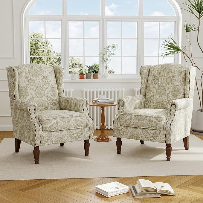 Accent Chair, Upholstered High Back Floral Armchair with Nailhead Trim & Wood Legs, Comfy Wingback Reading Single Sofa Chair for Small Spaces, Living Room, Bedroom-Light Brown Floral, 1 SEAT