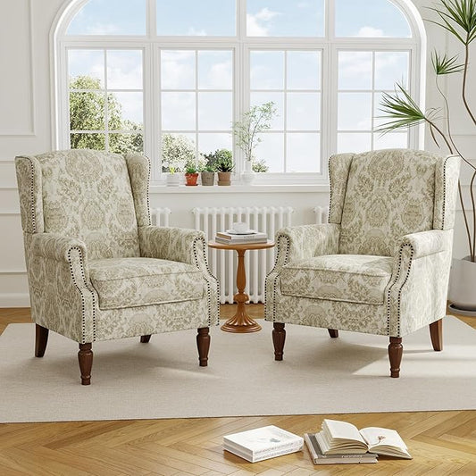 Accent Chair, Upholstered High Back Floral Armchair with Nailhead Trim & Wood Legs, Comfy Wingback Reading Single Sofa Chair for Small Spaces, Living Room, Bedroom ( Light Brown Floral, Set of 2)