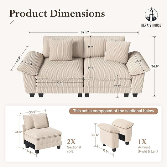 HERA'S HOUSE 88" Modular Sectional Sofa, Loveseat Couches for Living Room, Comfy Cloud Couch 2-Seater Deep Seat Sofa with Throw Pillow, Corduroy Beige