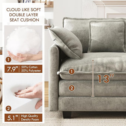 WorthFurni 77 Inch L Shape Cloud Sofa, Modular Sectional Couch with Ottoman, Comfy Chenille Deep Seat Loveseat with Pillow for Living Room Bedroom Apartment （Grey）