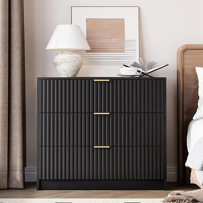 3-Piece Dresser Bedroom Set, 9 Drawer Dresser & 3 Drawer Nightstands with Gold Handles, Fluted Wood Chest of Drawers for Bedroom, Living Room, Entryway, Black