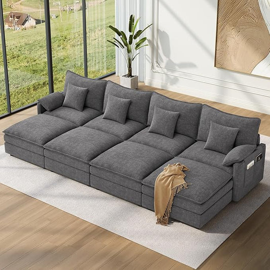 Vesgantti 142" Oversized Sectional Sofa Bed, 8-Seater Modular Sleeper Cloud Couch with Movable Ottoman, Chenille Convertible Sofa Set Deep Seat Couches for Living Room, Bedroom and Apartment, Gray