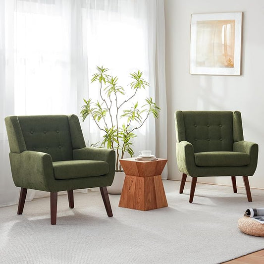 HUIMO Living Room Accent Chair Set of 2, Upholstered Button Tufted Armchair with Wooden Legs, Fabric Sofa Chairs for Bedroom, Living Room, Mid-Century Modern Comfy Reading Chair 2 PCS Green