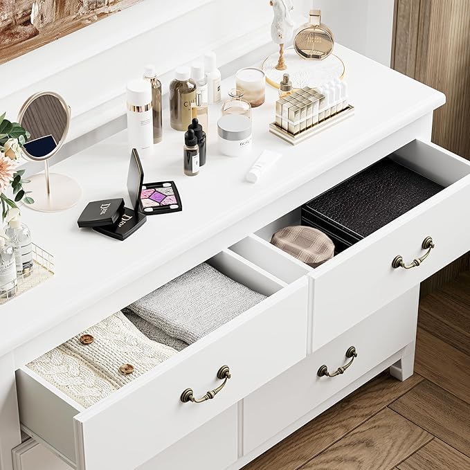 White Dresser, Modern 6 Drawer Double Dresser for Bedroom Adults & Kids with Vintage Gold Handles, Wide Dressers & Chests of Drawers, 6 Drawer Dressers for Hallway, Antique White