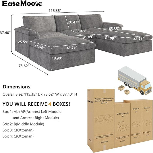 EASE MOOSE Oversized Cloud Couch Sectional Sofa, U-Shaped Modular Couch for Living Room, Minimalist Boneless Convertible Couches with Ottoman, 5-Seat Deep Sofas for Bedroom, Chenille (Grey)