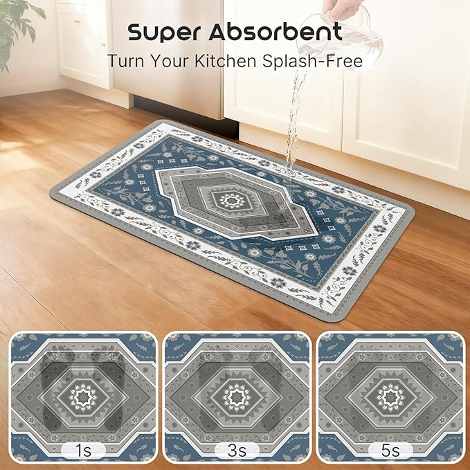 ArtyCozy 2 Piece Boho Kitchen Rug Set, Non-Slip Super Absorbent Kitchen Mats for Floor with Rubber Backing, Stain Resistant Runner for Hallway Laundry Holiday Decor, Blue, 20" × 32'' Plus 20'' × 47''