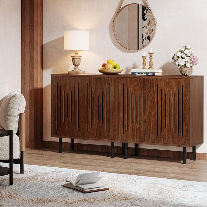 Tribesigns Set of 2 Sideboard Buffet with Storage, 59" Buffet Sideboard Cabinet with Adjustable Shelves, Accent Storage Cabinet for Living Room, Dark Brown