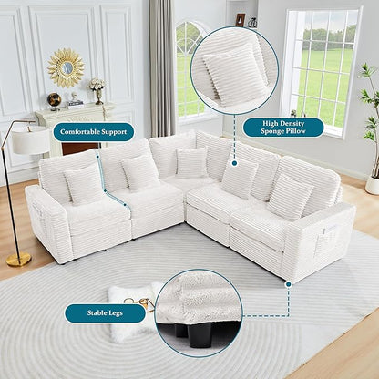 Oversized Corner Modular Sectional Sofa, L Shape Plush Corduroy Fluffy Sectional Couch with Pillows, 5 Seat Modular Sofa with Deep Seat for Living Room-White
